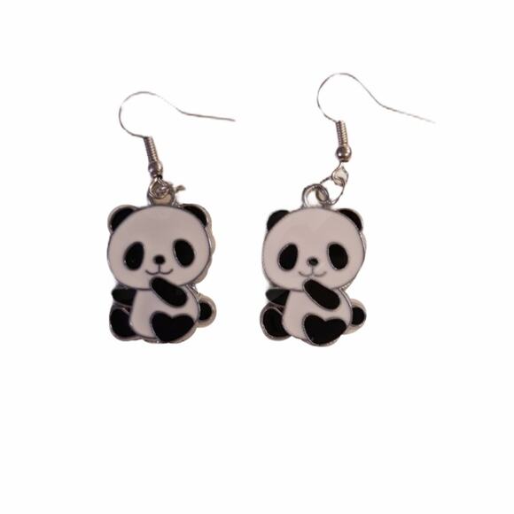 Panda Dangle Drop Earrings Black White Hook Closure - Picture 2 of 5